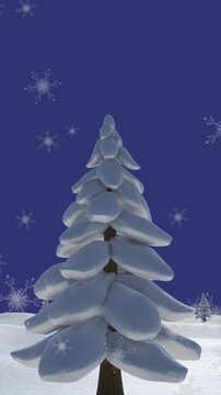 Animation of snow falling over fir trees and winter landscape