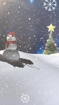 Christmas lights with snow falling
