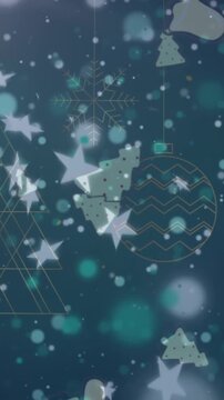 Animation of christmas bell and stars icons over hanging christmas decorations on green background