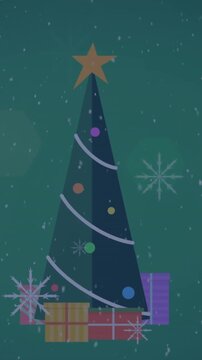 Animation of snow falling and christmas tree on green background