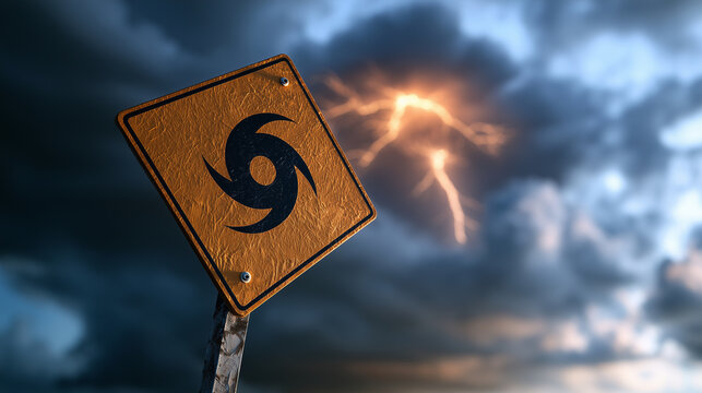 Yellow diamond-shaped hurricane warning sign on a weathered metal pole standing beneath a massive dark thunderstorm, dramatic lightning striking through layered black clouds behind