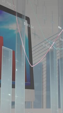 Animation of statistical data processing over computer against view of tall buildings