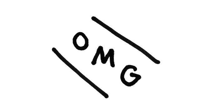 Handwritten OMG Doodle Brush Lettering with Brackets on White Background