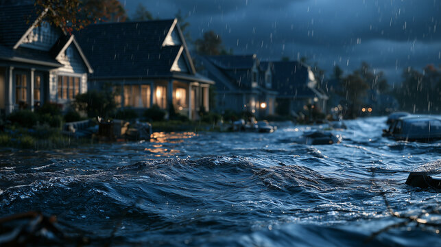3D visualization of a residential neighborhood during catastrophic flooding, multiple detached houses surrounded by deep floodwater, water reaching windows and doors, submerged gar