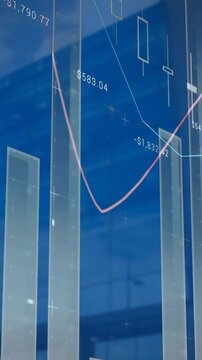 Animation of statistical data processing against view of tall buildings