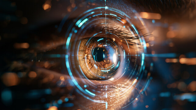 Human eye being scanned by a futuristic digital interface, luminous biometric grid precisely tracking the iris and pupil, concentric scanning rings and subtle data points surroundi