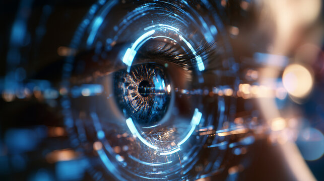 Human eye centered within a sophisticated holographic biometric scanning system, glowing circular scanner aligned precisely with the iris, multiple layers of translucent digital gr