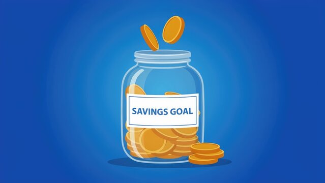Transparent jar collecting coins labeled savings goal in bright blue background with additional coins falling glass jar filled accumulating with illustration