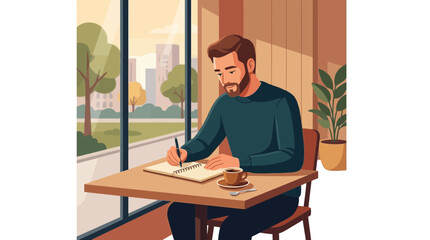 Fototapeta premium Flat vector illustration of a man writing in a notebook at a cafe