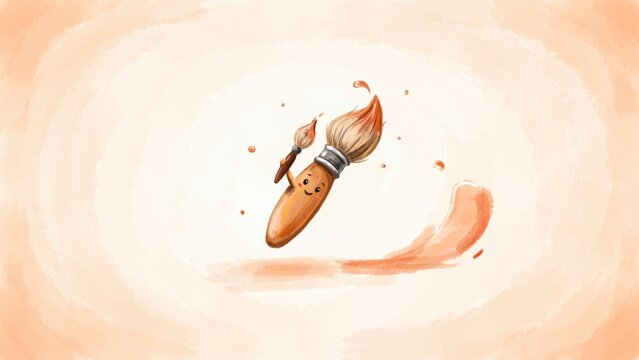 Animated brush with face floating in soft watercolor background with Cartoon brush facial glides through light watercolor strokes watercolor effect