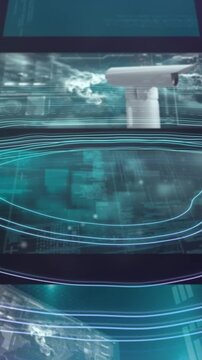 Animation of cctv camera and data processing over white map lines background