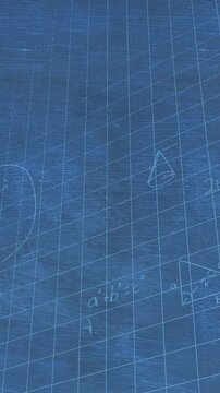 Animation of mathematical equations floating over grid network against blue chalkboard