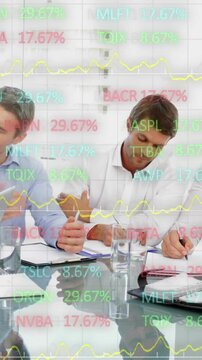 Animation of stock market data processing over diverse businesspeople discussing together at office