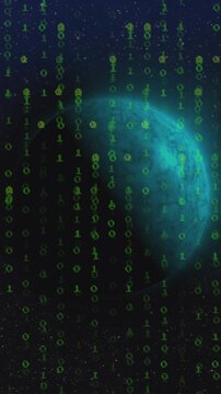 Animation of data processing binary coding over globes