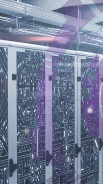 Animation of loading circles over circuit board pattern on server racks in server room