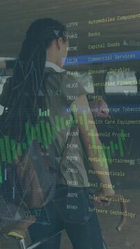 Animation of graphs and trading board, man on bicycle looking at smartwatch