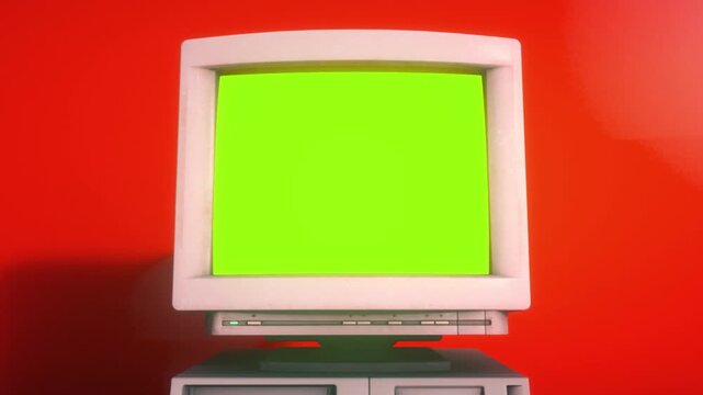 Retro Desktop Computer With Green Screen on Vibrant Red Background
