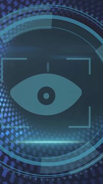 Animation of cyber security text with arrows and biometric eye scanner processing data