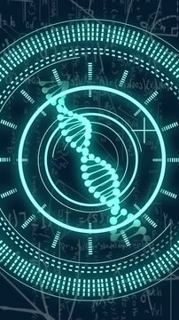 Animation of data processing and dna strand over mathematical equations