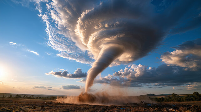 Tornado forming over a rural landscape beneath a powerful storm system, wide funnel cloud extending from rotating thunderclouds to the ground, open farmland, distant trees and low