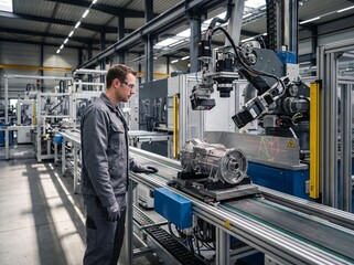 Fototapeta premium Engineer inspects mechanical engine component on automated factory assembly line using robotic inspection arm and laser precision sensor.