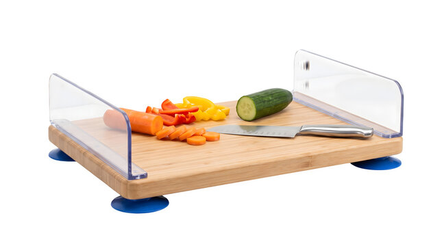 Bamboo cutting board with side guards and suction cups isolated on transparent background
