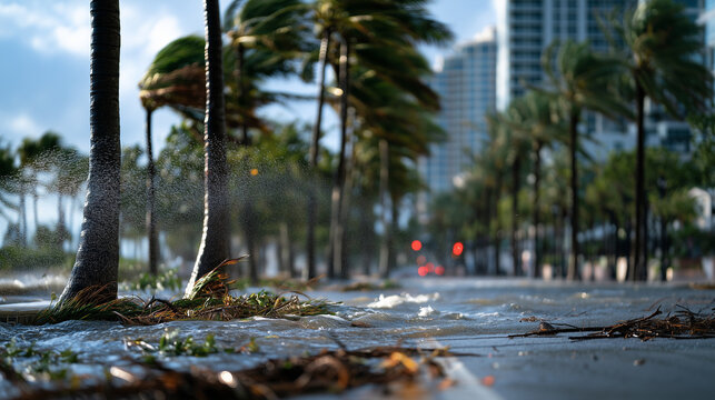 Flooded Las Olas Boulevard and windblown palm trees during catastrophic Hurricane Irma in Fort Lauderdale, Florida, USA, roadway covered with stormwater, powerful gusts bending tal