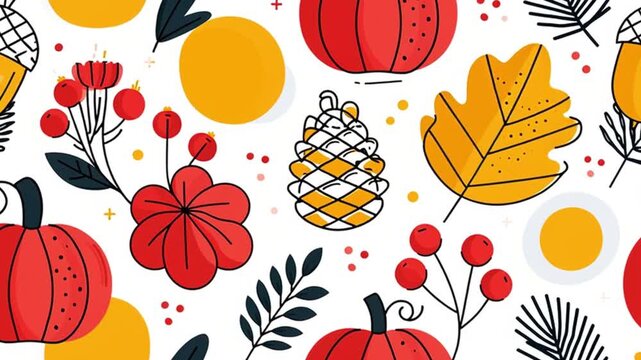 Autumn pattern composition with pumpkins line art, greeting card