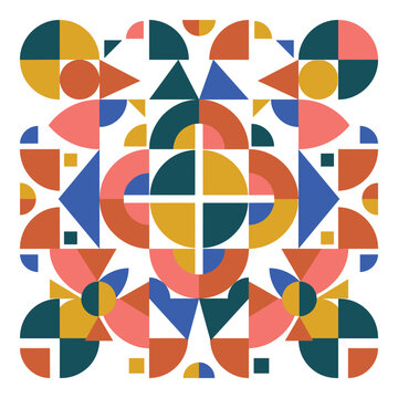Abstract geometric pattern with colorful shapes and circles on white