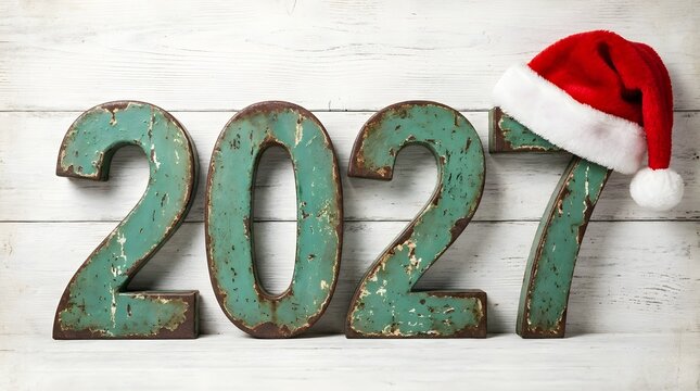 Rustic 2027 numbers with a festive santa hat on a white wooden background