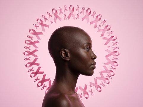 Side profile of a beautiful bald Black woman framed by floating pink ribbons on a pink background. A powerful breast cancer awareness and outubro rosa campaign concept for health and hope.
