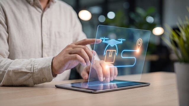 Person touching a holographic panel displaying a delivery drone carrying a package along a route to a location pin above a tablet, representing smart drone delivery, autonomous logistics, package trac