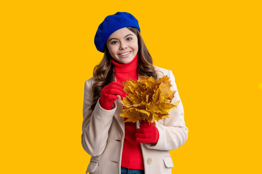 Teen girl wear beret. Autumn fashion girl. Trendy and stylish teenager girl. Fall fashion style for teen isolated on yellow. Outfit for fall style. Autumn season. Girl in autumn style. Warm wardrobe