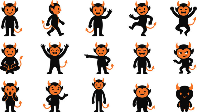 Set of cute cartoon devil character poses showing various emotions and actions for graphic design projects
