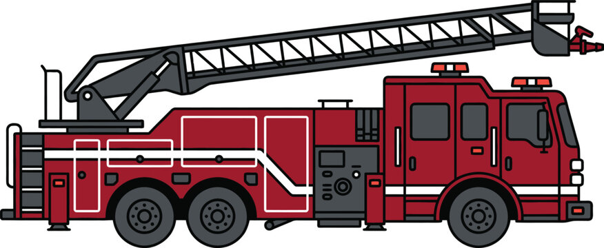 Side view of a bright red fire truck with an extended ladder isolated on transparent background