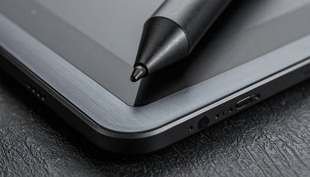 Digital Stylus on Tablet: A close-up macro shot showcases a sleek digital stylus resting on the corner of a modern tablet's screen, highlighting the fusion of technology and design.