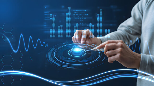 A futuristic digital interface showing advanced data analytics and interactive touch screen technology