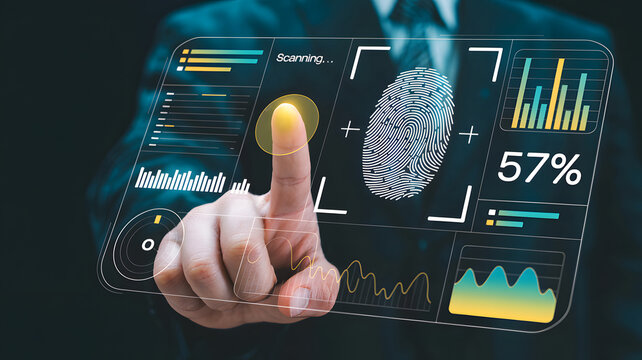 Biometric Fingerprint Scan on Modern Data Analytics Dashboard with Futuristic HUD Interface