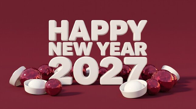 3d render of happy new year 2027 text with red disco balls on a dark red background for holiday celebration