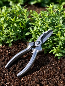 Pruning shears lying on rich dark earth surrounded by young green sprouts