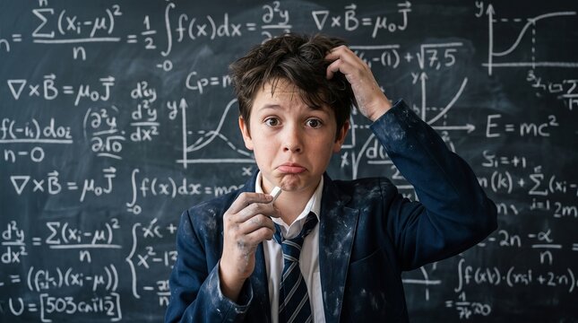 Schoolboy with messy hair holding chalk standing before chalkboard with equations