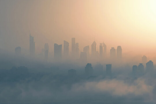 City skyline partially obscured by smog and air pollution env
