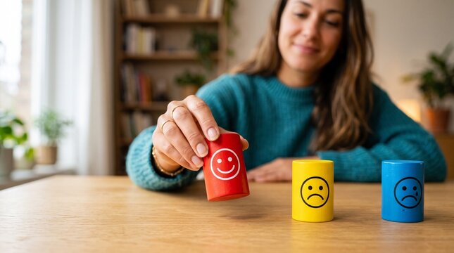 Woman Hand Choosing Red Happy Face Cylinder Block for Customer Satisfaction Feedback Rating and Positive Mental Health Emotion Evaluation Survey on Table