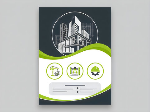 Modern construction flyer template, professional architecture brochure design, industrial building project layout with green accents