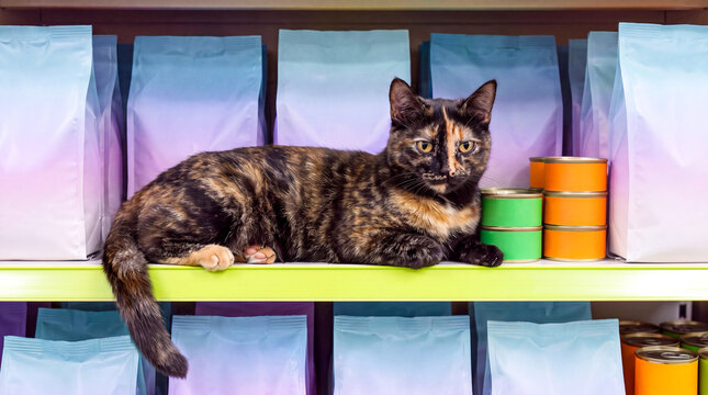 A beautiful tortoiseshell cat lies on a pet store shelf among numerous packages and cans of pet food. A cute pet seems to be guarding its favorite treats