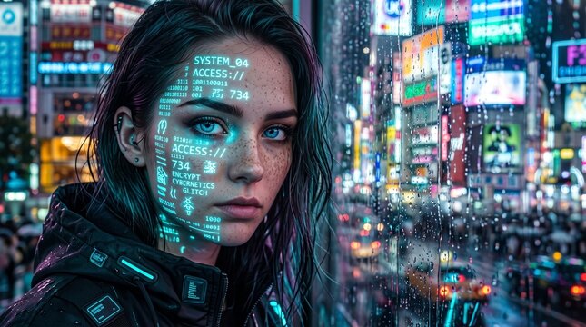 Cyberpunk Cyborg Woman with Glowing Neon Cyan Digital Hologram HUD Face Interface Projection in Rainy Futuristic City Street at Night, Sci-Fi AI Techwear Portrait with Wet Window Glass