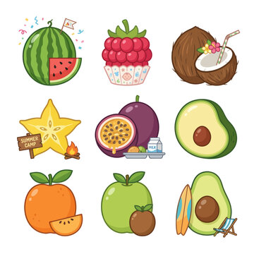 Pixel Art Summer Fruits Collection: Watermelon, Coconut, Avocado, Orange, Apple
