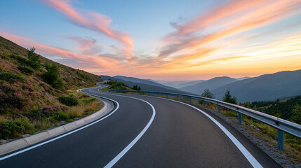 Obraz premium Empty winding road leading through mountains under colorful sunset clouds, travel freedom, scenic route, adventure, with copy space