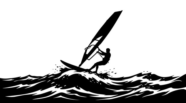 Dynamic windsurfer riding massive ocean waves captured in high contrast black and white vector silhouette art
