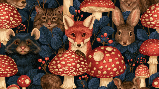 A whimsical forest pattern featuring a variety of woodland creatures and red mushrooms. The animals include a fox, raccoon, cat, rabbit, and other small mammals. AI generative